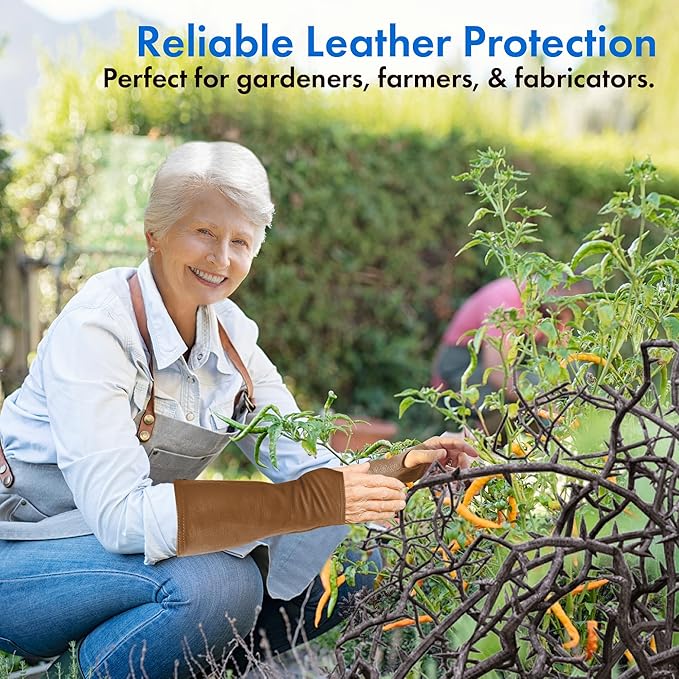 Arm Chaps Leather Protective Sleeves Arm Guard - Prevent Cuts, Scratches & Bruises - Genuine Cowhide - Ideal for Gardening & Construction - Left & Right Form-Fitting. Brown (1 Pair/Medium).