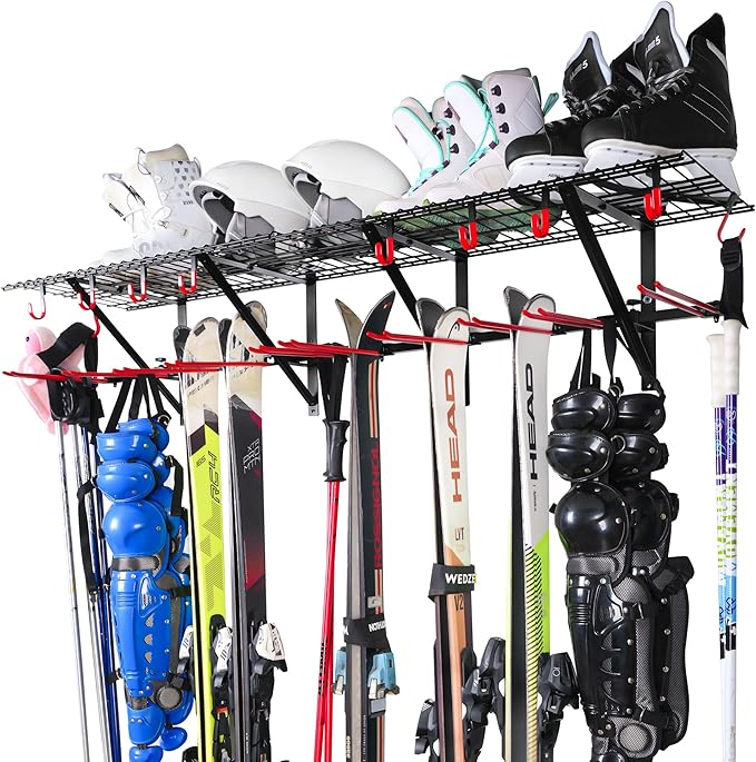 PLKOW Wall-Mounted Ski Rack, Skis Storage Rack for Garage Shed with Top Storage Shelf, Customizable Spacing, Supports Up to 560 lbs, 2-Pack
