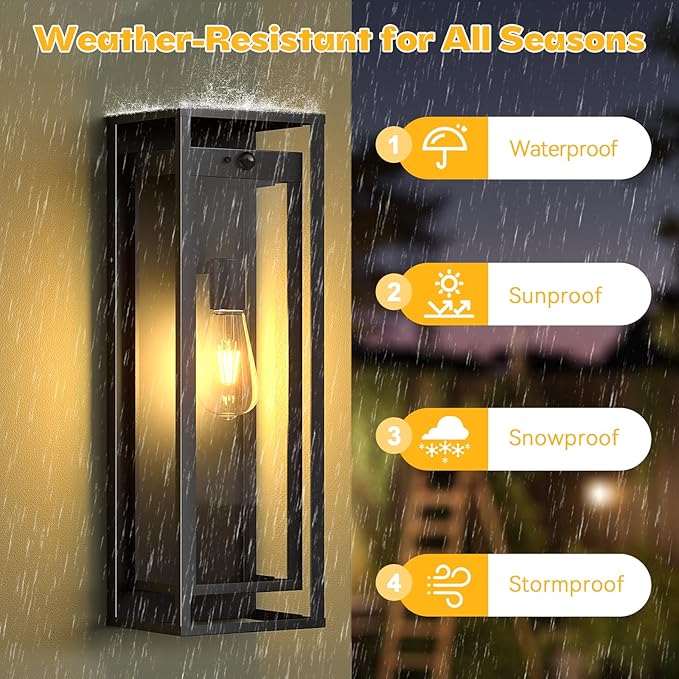 Large Motion Sensor Outdoor Lighting-20in Dusk to Dawn Modern Waterproof Sconce Wall Mounted E26 Black Porch Lights Exterior Lighting Fixture for Coach Doorway Patio