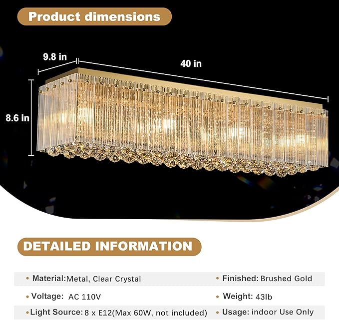 40 Inches Crystal Chandeliers for Dining Room, Gold Modern Ceiling Light for Living Room, Flush Mount Chandelier, Light Fixture for Entryway, Foyer, 8 Bulbs(Not Inclubed), E12 Base