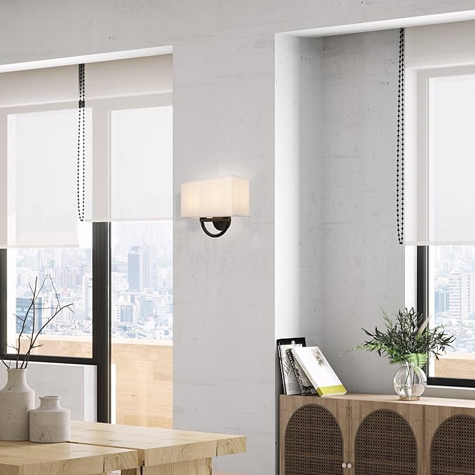 Industrial 2-Lights Wall Sconce Fixtures with White Textile Shade, Vintage Double Head Wall Light Lamps Decor for Hallway Bedroom Living Room Bathroom Corridor