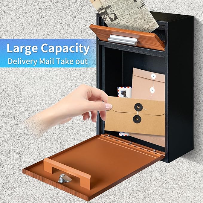 Locking Wall-Mount Mailbox, Wood Vintage Metal Mailboxes for Outside, Security Drop Box with Lock, Large Capacity Mounted Mailbox, Heavy Duty Thickened Mailbox