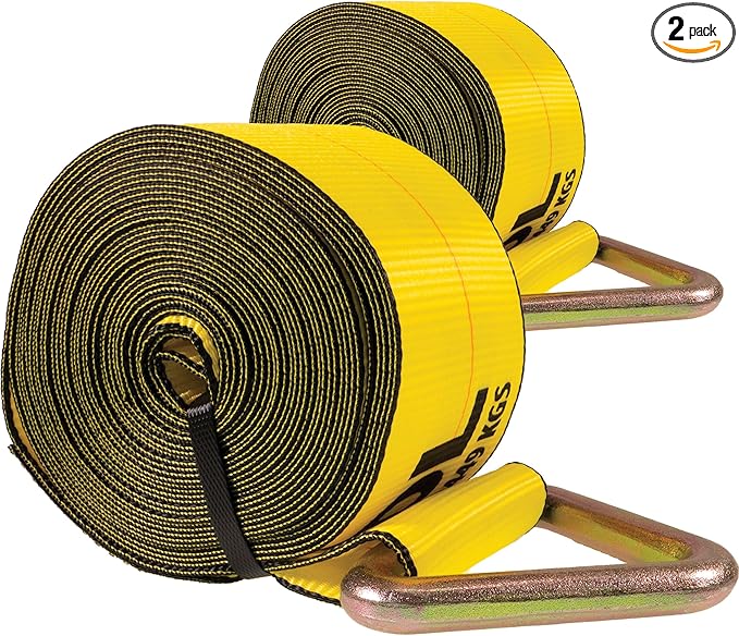 US Cargo Control 4" x 30' Winch Straps with D-Rings (2-Pack), 5,400 LBS Working Load Limit, Heavy Duty Flatbed Tie Downs, Yellow 4 Inch Straps for Flatbed Trailers, Trucks, and Cargo Securement