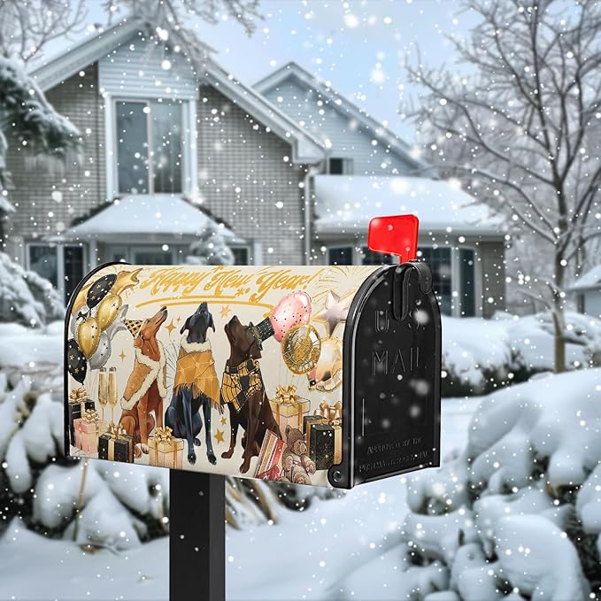 Happy New Year Extra Magnetic Mailbox Covers 25.5x21 Inch Winter Dogs Balloon Holiday Post Mail Box Cover Large Size for New Year Garden Outdoor Decor