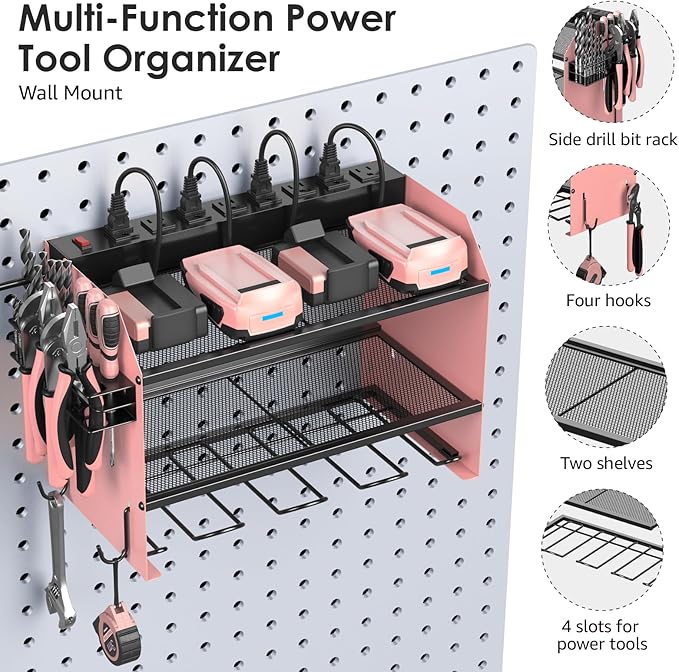 CCCEI Modular Power Tool Organizer Wall Mount with Charging Station. Garage 4 Drill Storage Shelf with Hooks, Drill Bit Heavy Duty Rack, Pink Tool Battery Holder Built in 8 Outlet Power Strip.