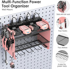 CCCEI Modular Power Tool Organizer Wall Mount with Charging Station. Garage 4 Drill Storage Shelf with Hooks, Drill Bit Heavy Duty Rack, Pink Tool Battery Holder Built in 8 Outlet Power Strip.