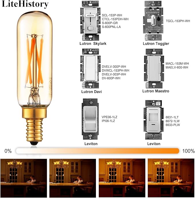 LiteHistory Dimmable T6 led Bulb 40W Candelabra led 2200K Amber 250lm 4W e12 T25 led Bulb 6Pack