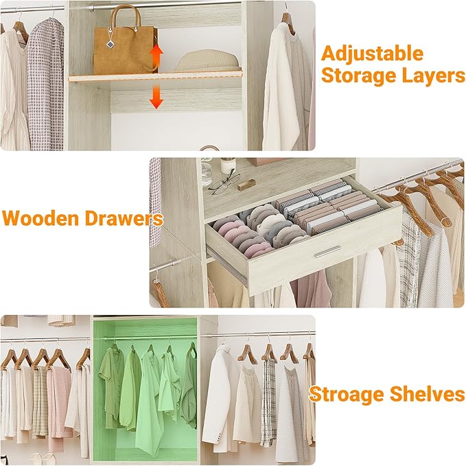 Unikito 96” Closet System, 8FT Walk in Closets Organizer Kit with 4 Extendable Hanging Rods and Drawer, Adjustable Wood Garment Rack, Sturdy Closet Insert, Easy Assembly, Max Load 1000 LBS, White Oak