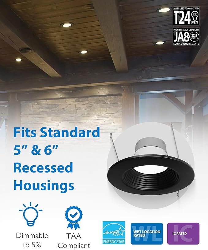 NICOR Lighting Recessed Ceiling Lights LED Downlight - 5/6 inch LED Recessed Light Fixtures - Selectable CCT 2700K-5000K, 918 Lumens, 10.3W - DLR56 LED Retrofit Ceiling Light, Black Baffle, 1-Pk