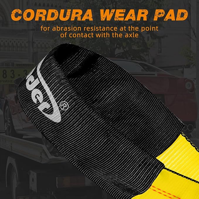 4 Pack 2” Heavy Duty Car Ratchet Tie Down Kit with Snap Hooks-Break Strength 10,000lbs-Working Load 3,333lbs-Includes 36” Axle Straps with D-Ring(Yellow)