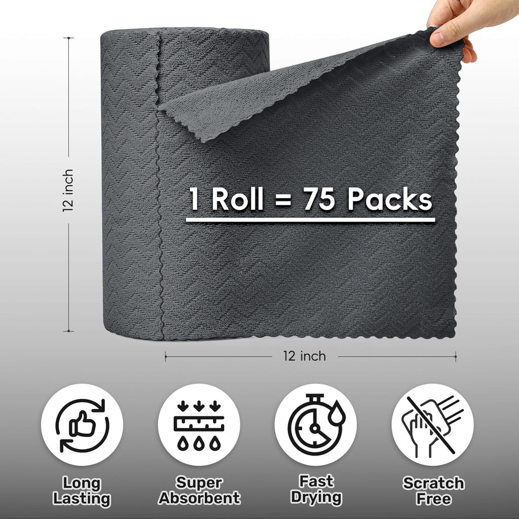 Microfiber Cleaning Cloths Roll, 75 Pack Tear Away Microfiber Towels Roll, 12" x 12" Lint Free Rags, Reusable Cleaning Cloths,Washable,Scratch Free,Ultra Absorbent Dish Rags(Dark Grey Ripple)