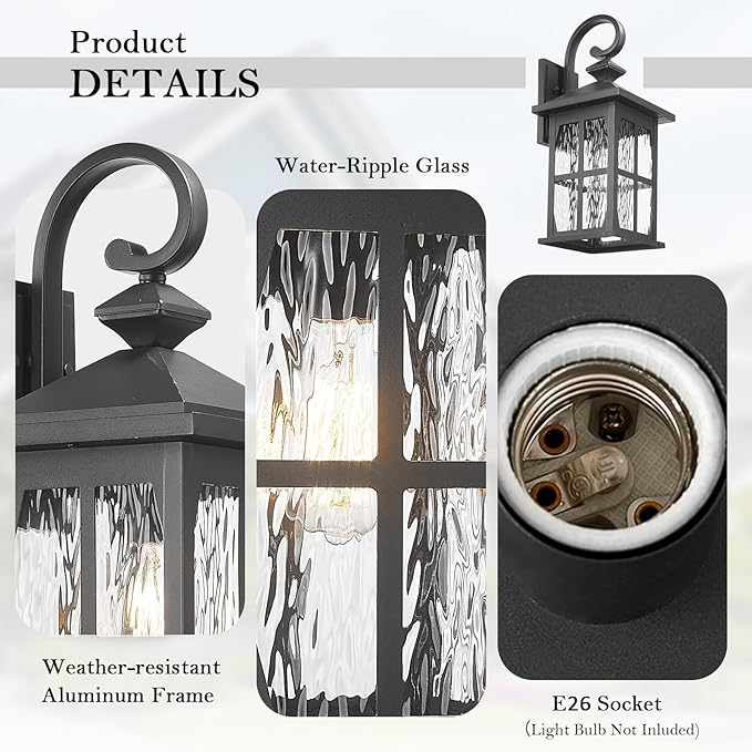 Darkaway Large Outdoor Light Fixtures Wall Mount, 21inch Outside Wall Lights Exterior Lighting Fixture with Water Ripple Glass Outdoor Wall Sconce for House Porch Hallway Garage Front Door