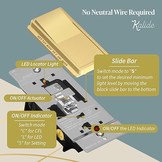 TOPGREENER Kalide Dimmer Light Switch, LED Dimmer Switch, Full Range Dimming, Single Pole/3-Way, 120VAC, 60Hz, 300W LED/CFL, Neutral Wire Not Required, Gold, 1 Pack,Wall Plate Included