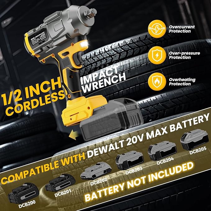 Cordless Impact Wrench 1/2 inch for DeWalt 20v Battery, Impact Wrench 950Ft-lbs High Torque Brushless Electric Impact Gun, Power Impact Driver with 3-Mode Speed, LED Work Light(no battery)