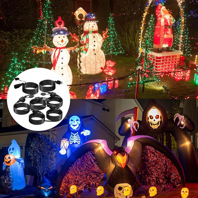 50Ft Outdoor Extension Cord - Evenly Spaced 6 Outlets Plugs with Safety Cover, 16/3 SJTW Weatherproof Multi Outlet Extension Cord for Landscape, Halloween, Holiday Decor, ETL Listed (Black)