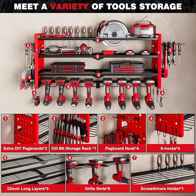 Power Tool Organizer Wall Mount,Cordless Drill Organizer,4 Layers Large Capacity Tool Rack with 8 Drill Holders (RED)