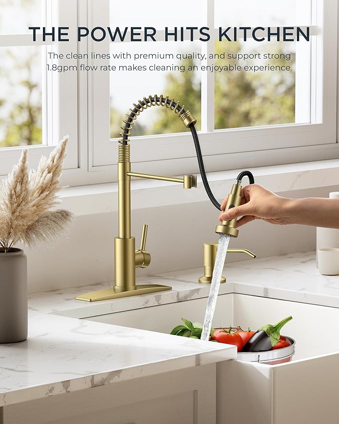 FORIOUS Gold Kitchen Faucet with Pull Down Sprayer, Stainless Steel Commercial Single Handle Classic Spring Pull Out Sink Faucet for Pot Filler, Farmhouse Camper Bar Laundry Room