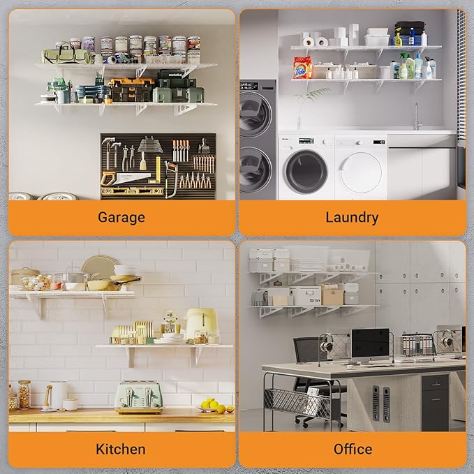 2x6 ft Garage Shelving, 2-Pack Wall-Mounted Shelves for Garage, Kitchen, Pantry Storage, 800 lbs Total Load Capacity Storage Wall Shelving, White