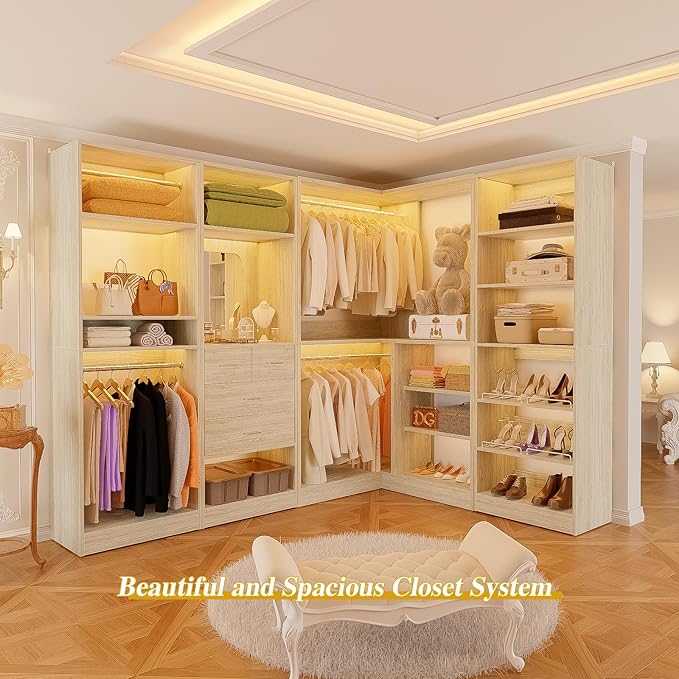 Unikito 110” Closet System with Drawers, 9.3FT Corner Closet Organizer with 4 Hanging Rod, Reversible Large Wood L Shaped Walk in Closets Wardrobe with Shoe Shelves, Set of 4, White Oak