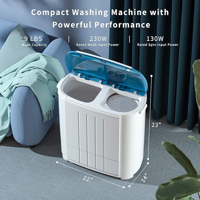 Auertech Portable Washing Machine, Mini Twin Tub Washers with 9lbs Washer, 5lbs Spinner, Compact Laundry Washer with Time Control, Small Washing Machine for Apartments, Dorm, RV