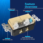 LIDER Minimalist Design Matte Finish Lighted Double Switch, Combination Frameless Decorator Switch with Locator Light, Ground Terminal, Single Pole, 15A 120-277V, UL Listed, LCS2-1P-GD, Gold