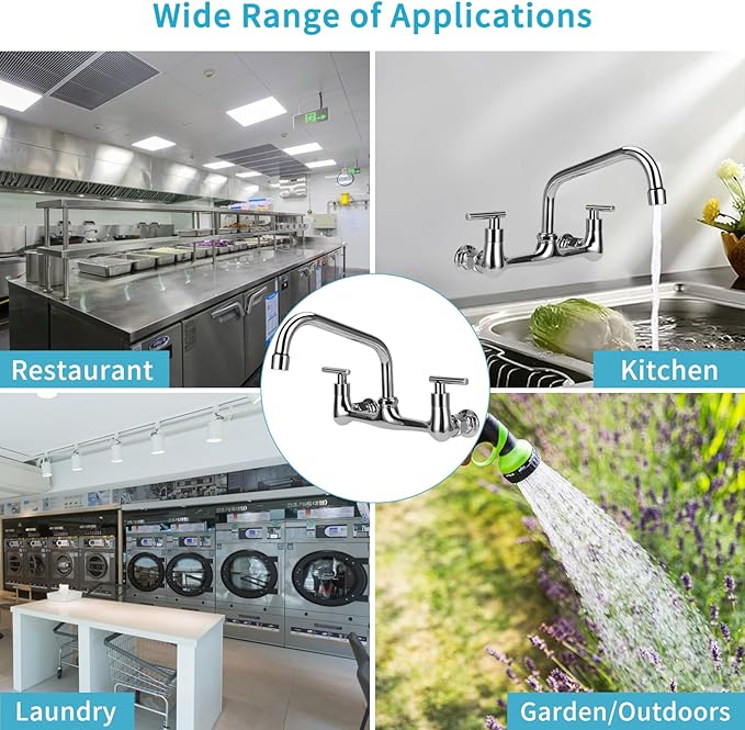 8" Center Wall Mount Faucet, Commercial Kitchen Sink Faucet with 8" Swivel Spout 2 Handle Wall Mount Utility Sink Faucet for Restaurant & Laundry Room & Compartment Sink