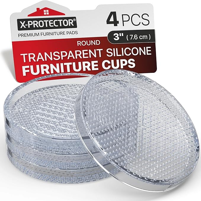 X-Protector Furniture Cups - 4 PCS 3" - Non Slip Furniture Pads for Hardwood Floors - Transparent Floor Protectors - Bed Stoppers to Prevent Sliding - Keep Furniture from Sliding on Floor! (Round)