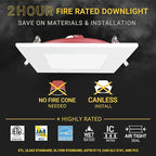 NUWATT 6" Fire Rated Recessed Light, 90 CRI Wafer Lights 6 Inch, 5CCT 2700K/3000K/3500K/4000K/5000K, 15W, Dimmable 1200LM, Wet & IC Rated LED Square Recessed Lighting, No Tenmat Needed, ETL, 6 Pack