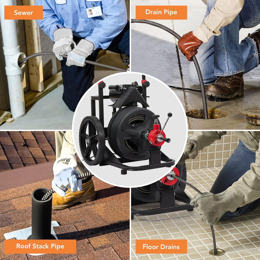 PIONEERWORKS 100Ft x 1/2 in Auto-feed Electric Drain Cleaner Machine 6.8A, Professional Drain Auger for 1” to 4” Pipes, with 6 Cutters, Glove, Drain Auger Cleaner Sewer Snake for Home/Business Use