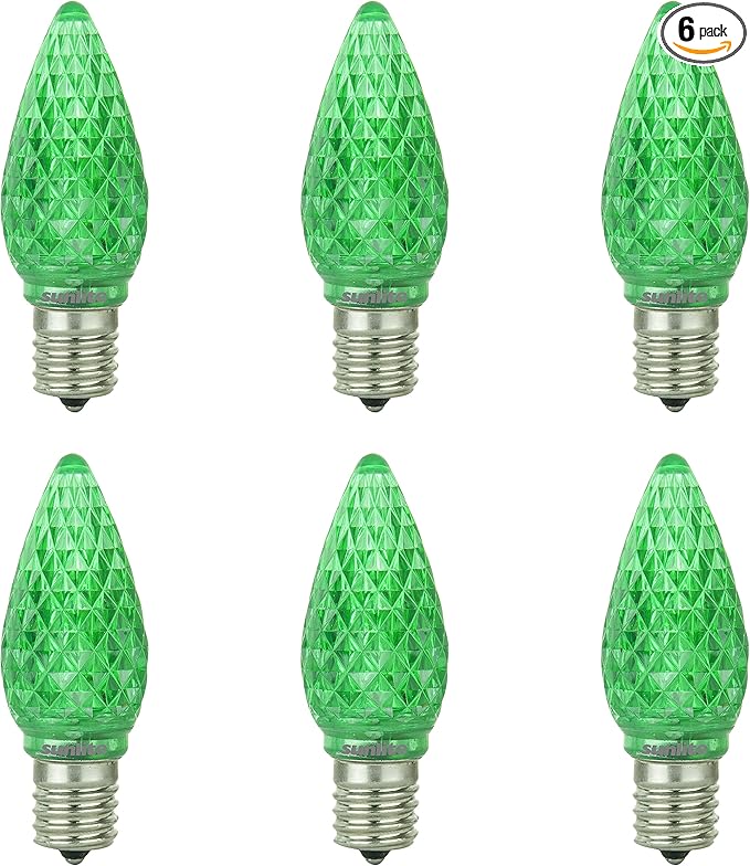 Sunlite 80706 LED C9, Holiday Decorative Light Bulb, 0.4 Watts, E17 Intermediate Base, Faceted Christmas-Lights; Nightlight, Green, 6 Count