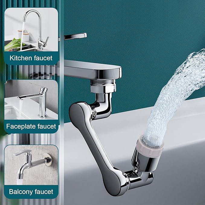 1080° Swivel Tap Extension, Swivel Robot Arm Bathroom Tap Extension, Kitchen Swivel Extension Filter with 2 Mode Splash Proofing (Long arm extender, Silver coloured)