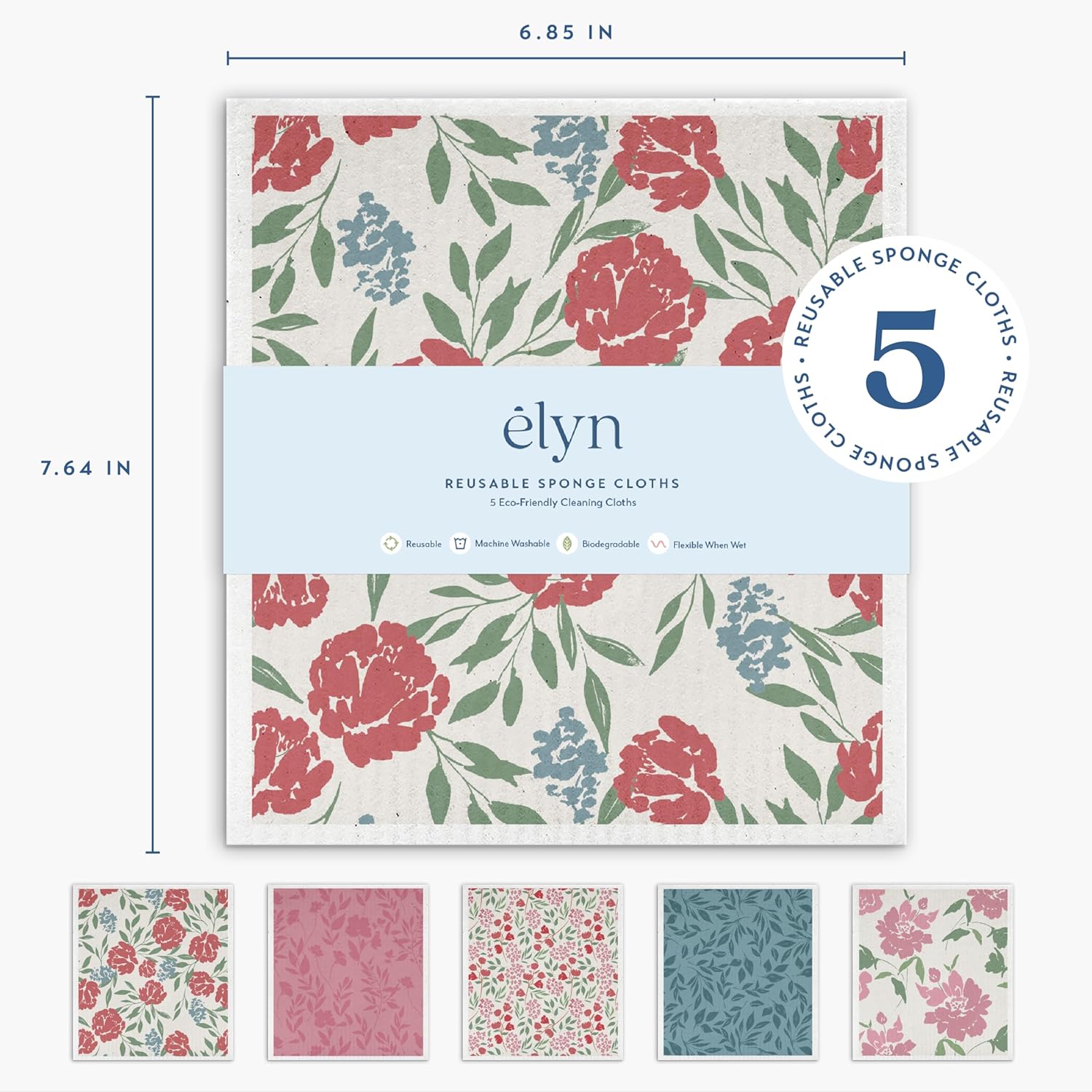 ELYN Swedish Dishcloths, Reusable & Washable Sponge Cloths, Absorbent Cleaning Paper Towels for Kitchen, Dishes, Counters and More, 5 Pack, Assorted Soft Botanical Patterns