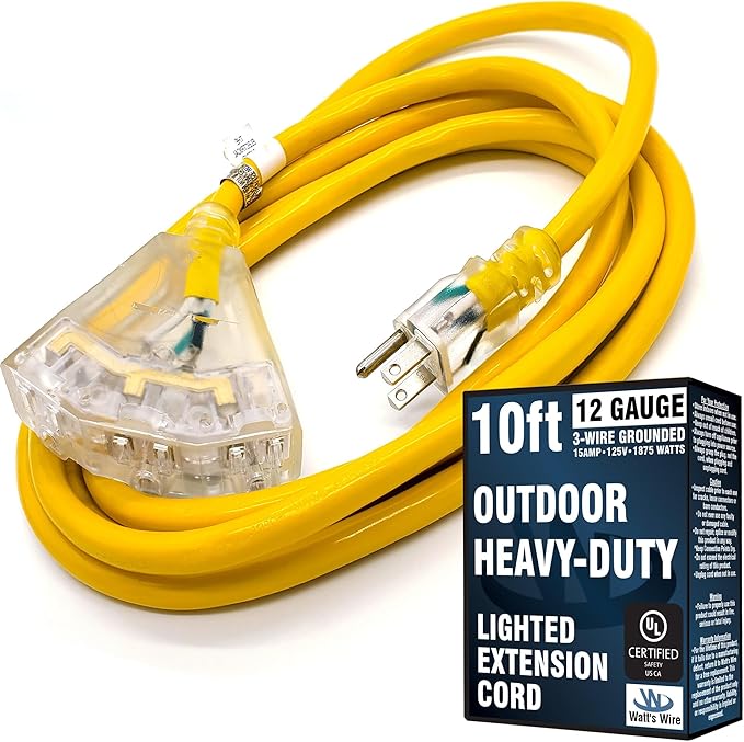 Outdoor Extension Cord Waterproof (10 ft) 12 Gauge Heavy Duty Extension Cord Splitter - Lighted Outdoor Extension Cords with Multiple Outlets - Watts Wire - 10' Grounded - extensiones electricas