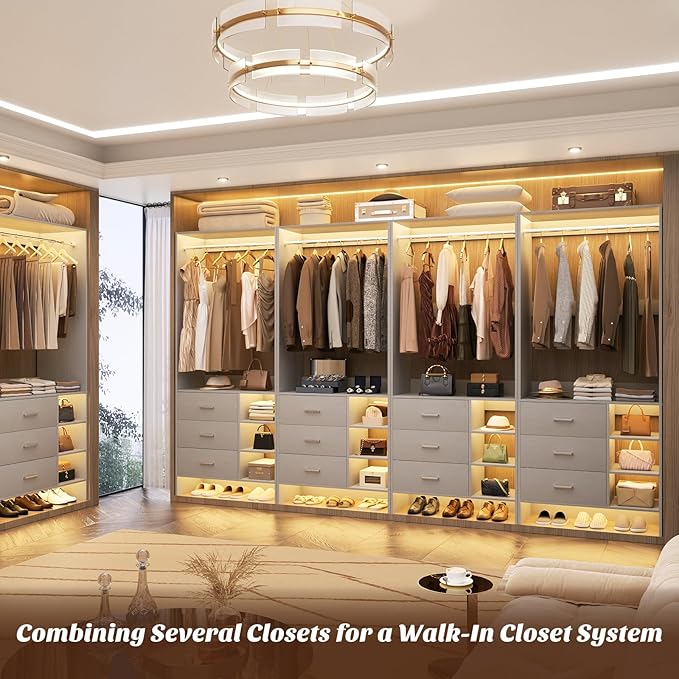 Aheaplus 2.5FT Closet System with 3 Drawers, 29.5’’ Closet Organizer, Wood Closet Organizer System, Walk-in Closet or Small Closets Wardrobe, Clothes Rack with Hanging Rods,-E6, Grey