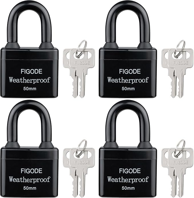 FIGODE® Outdoor Waterproof Padlocks, Covered Heavy Duty Laminated Steel Locks, Large Sturdy Locks, 2.2 in. Wide, 4 Locks Same Key, Standard Shackle