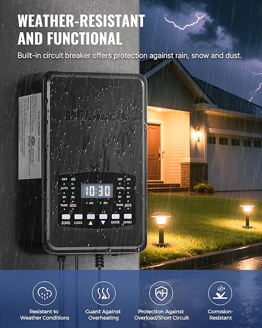 600W Low Voltage Landscape Transformer, 2 Zone Independent Control Landscape Lighting Transformer, 120VAC to 12/14V AC Low Voltage Transformer with Timer & Photocell Sensor ETL Listed D25LT06