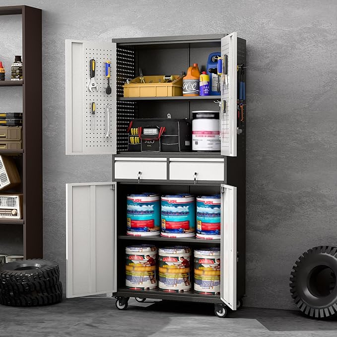 Metal Garage Storage Cabinet with 2 Drawers and 2 Adjustable Shelves, Locking Rolling Tool Storage Cabinet with Wheels and Pegboard for Garage, Home, Black and Silvery