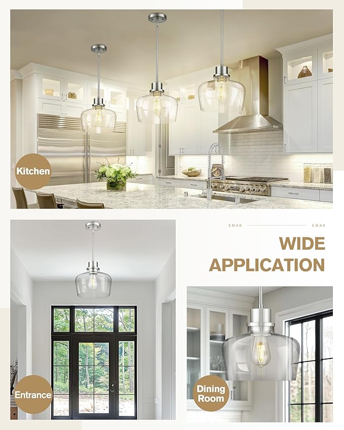 Emak 10 Inch Brushed Nickel Pendant Light, Modern Large Pendant Lights Kitchen Island, Hanging Lights with Clear Glass Shade for Kitchen, Dining Room, Entrance, PL126-BN-CG