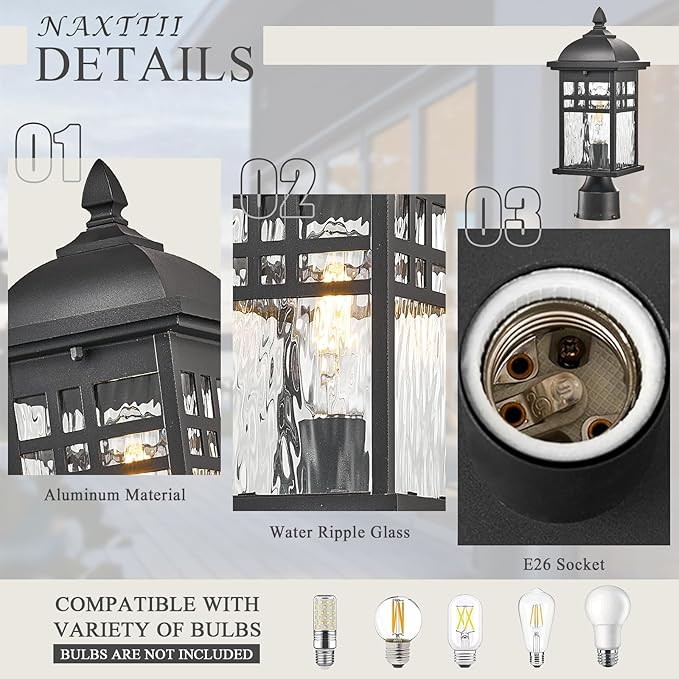 Outdoor Post Lights Black Exterior Pillar Lamp Aluminum Lamp Body and Water Ripple Glass Shade 22 Inch Height Outdoor Post Lighting Fixture for Yard Pathway and Driveway