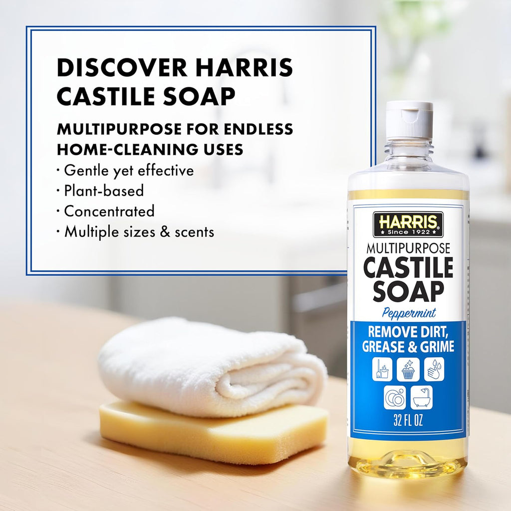 HARRIS Multi-Purpose Pure Castile Soap, Made with Olive, Coconut, and Pine Tree Oil, Uses for Face, Body, Hand, Hair, Home, Dishes, and Laundry, Peppermint, 32 Fl Oz