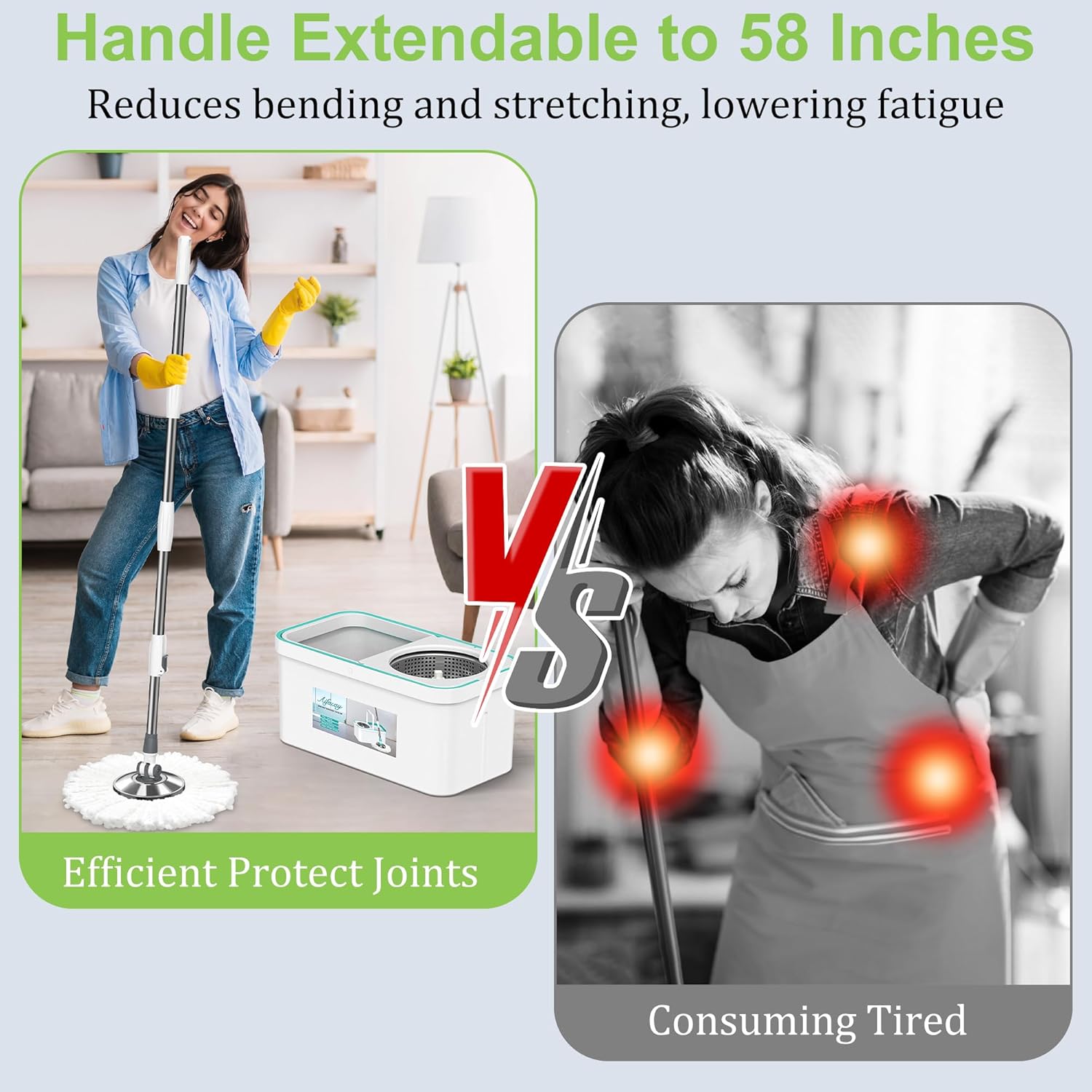 Mop and Bucket with Wringer Set for Home, Spin Mop and Bucket Mops for Floor Cleaning 61" Extended Handle with 6 Mop Head Replacement for Hardwood Tile Laminate Home Cleaning Tools