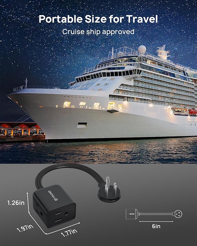 TROND Flat Outlet Extender with 6 Inch Cord - ETL Listed Multi Plug Extension Outlet Splitter, Electrical 3 Way Plug Adapter Wall Extender for Home Office Cruise Ship Travel Essentials, Black