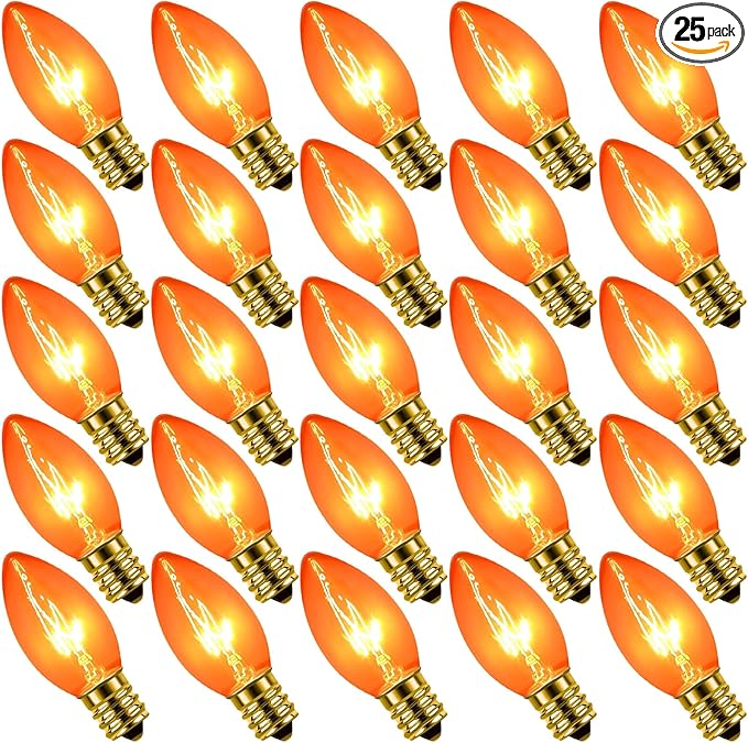 C9 Halloween Replacement Bulbs, 25 Pack Clear Orange Light Bulbs for E17 Candelabra Base Outdoor/Indoor String Lights, 7 Watt
