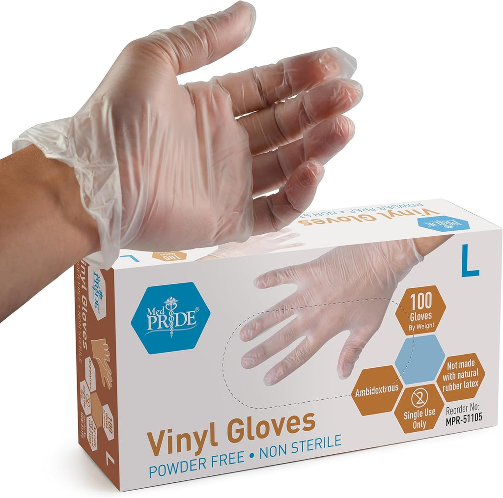 Med PRIDE Vinyl Gloves| 4.3 mil Thick, Powder-Free, Non-Sterile, Heavy Duty Disposable Gloves| Medical, Food Hand