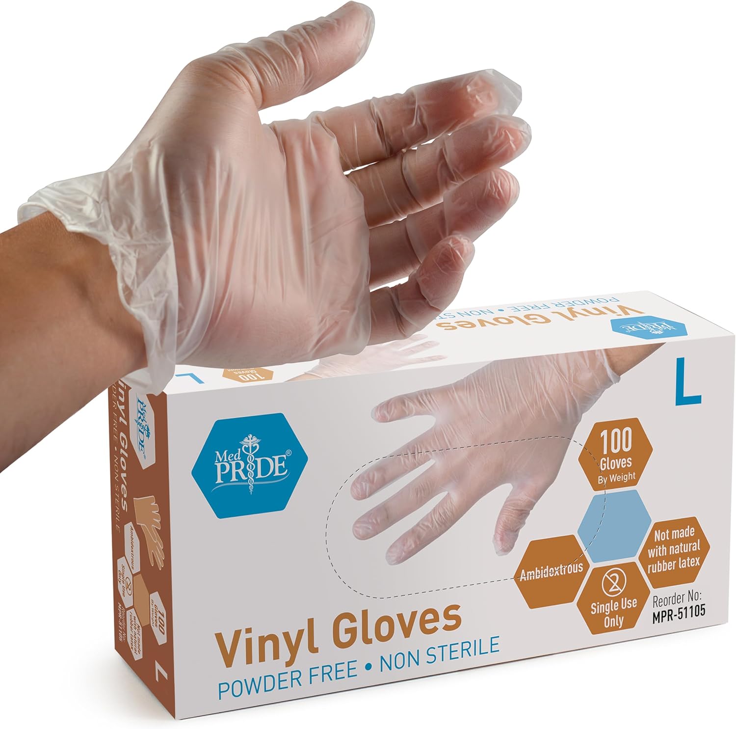 Med PRIDE Vinyl Gloves| 4.3 mil Thick, Powder-Free, Non-Sterile, Heavy Duty Disposable Gloves| Medical, Food Hand