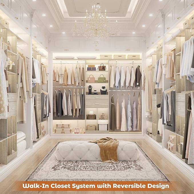 Closet System - 8FT Closet Organizer System with Wooden Drawers, 96" Closet Systems for Nursery & Walk-In Closets with Cuttable Hanging Shelving, Greige Oak