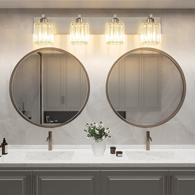 Aipsun Brushed Nickel Bathroom Lighting Fixtures 4 Light Crystal Modern Bathroom Vanity Light (Exclude Bulb)