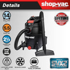 Shop-Vac 5801411 14-Gallon Wet/Dry Shop Vacuum, 5.5 Peak HP, 2.5 Inch Diameter x 7 Foot Hose, 20 Foot Cord, Ideal for Home, Garage, and Workshop Cleaning