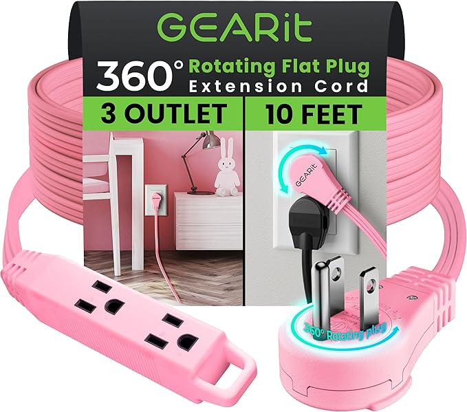 GEARit 360 Rotating Flat Plug Extension Cord with 3 Outlets (10ft, Pink) 16AWG/13A 3 Prong Wire, Outlet Saver for Home Office Dorm Room Essentials, ETL Certified