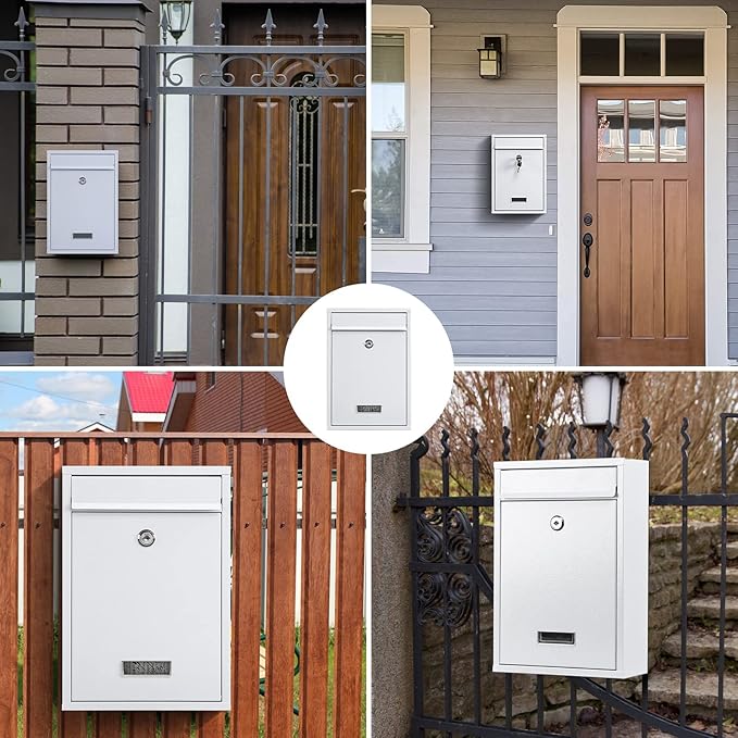 KYODOLED Key Lock MailBoxes for Outside, Locking Wall Mount Mailbox, Security Key Drop Box for Letters Newspapers, Cards, 12.4H x 8.54L x 3.35W Inches, White